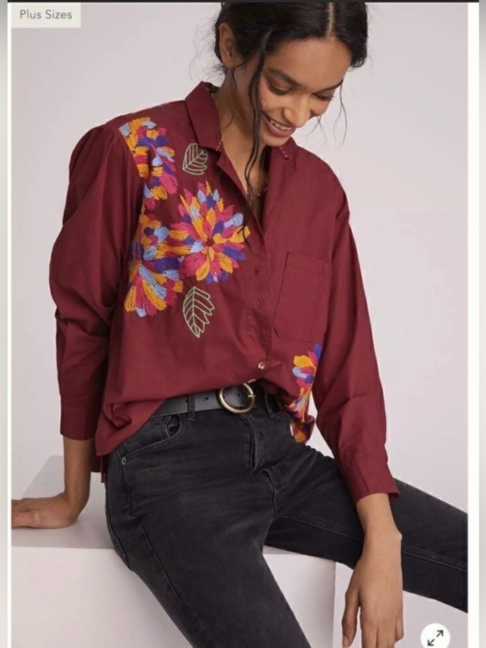 Anthropologie Burgundy Embroidered Floral Button-Down Shirt size 6. EUC. No flaw